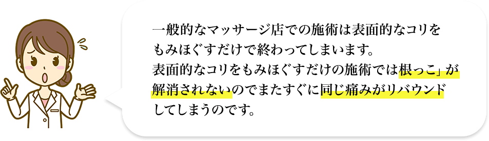 一般的なマッサージ店での施術は表面的なコリをもみほぐすだけで終わってしまいます。表面的なコリをもみほぐすだけの施術では根っこ」が解消されないのでまたすぐに同じ痛みがリバウンドしてしまうのです。