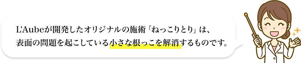 L'Aubeが開発したオリジナルの施術「ねっこりとり」は、表面の問題を起こしている小さな根っこを解消するものです。