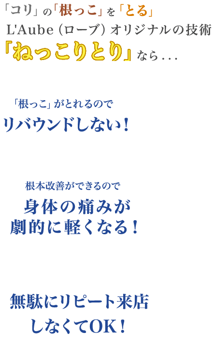 「ねっこりとり」なら リバウンドしない 身体の痛みが劇的に軽くなる! 無駄にリピート来店しなくてOK!