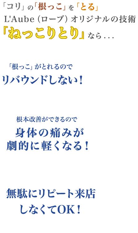 「ねっこりとり」なら リバウンドしない 身体の痛みが劇的に軽くなる！ 無駄にリピート来店しなくてOK！