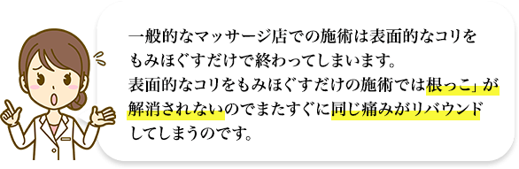 一般的なマッサージ店での施術は表面的なコリをもみほぐすだけで終わってしまいます。表面的なコリをもみほぐすだけの施術では根っこ」が解消されないのでまたすぐに同じ痛みがリバウンドしてしまうのです。